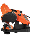 Tough Electric Chainsaw Sharpener Bench Mounted Eighty Five Watt Motor Spins Up To Five Thousand Rpm With Dual Grinding Discs side view, fixed mount grinder.
