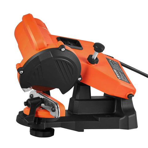 Tough Electric Chainsaw Sharpener Bench Mounted Eighty Five Watt Motor Spins Up To Five Thousand Rpm With Dual Grinding Discs side view, fixed mount grinder.
