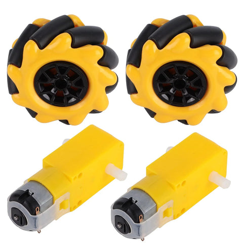 mecanum wheel kit for robot car with 60mm yellow rubber-coated wheels and TT geared motors for smooth omni-directional movement