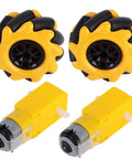 Mecanum wheel set with TT geared motors: two 60mm dia yellow rubber-coated sunflower wheels and two yellow motors