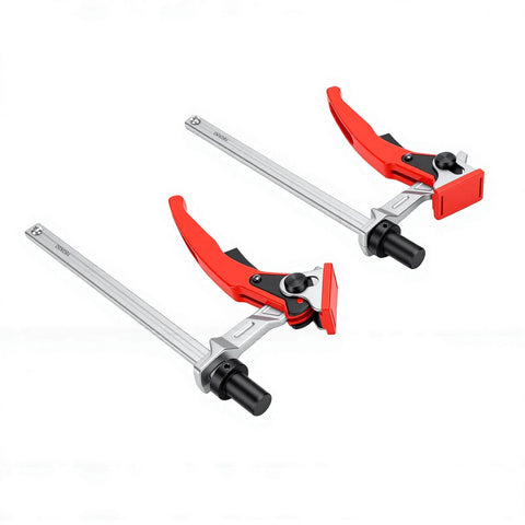Beefy 5/8 Inch Bench Dog Clamp with ratchet hold down and vibration resistant jaws, ideal for MFT tables, set of two clamps.