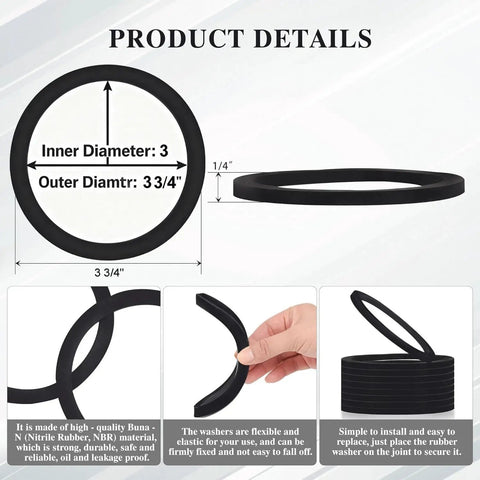 3 Inch Camlock Gasket Set, 5 Pack Buna N Seals For 3 Inch Cam And Groove Fittings in black with dimensions shown and close-up details.