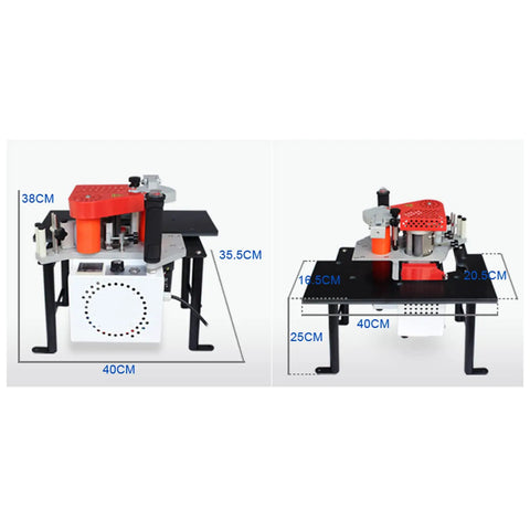 Portable Edge Banding Machine With Double Side Glue for woodworking, dimensions labeled, workshop ready, 720W, home shops.