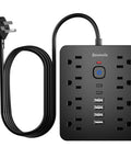 Heavy Duty Six Foot Flat Plug Extension Cord With Surge Protection Power Strip featuring eight AC outlets and six USB ports.