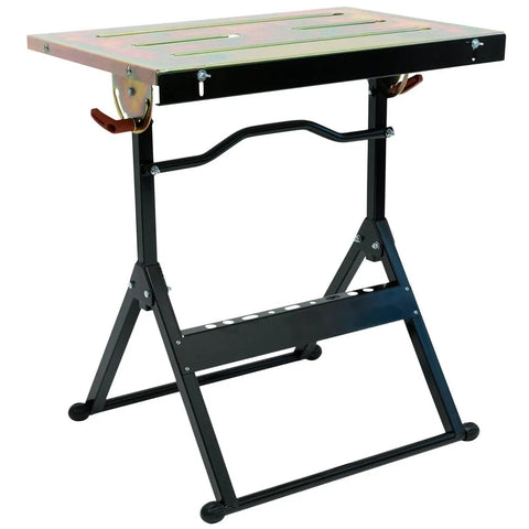 Heavy Duty Foldable Welding Table With Rock Solid Hold Industrial Workbench Built Tough For Shop Hustle, three clamp slots.