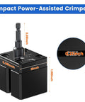 Power Assisted HVAC Crimp Tool For 30 To 24 GA Round Metal Ducts with dimensions highlighted.