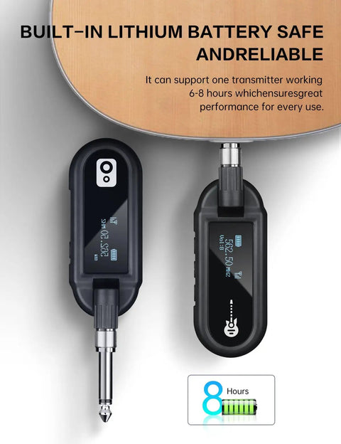 Close-up of UHF Wireless Guitar System With Rechargeable Transmitter And Receiver attached to guitar, showing 8-hour battery life.