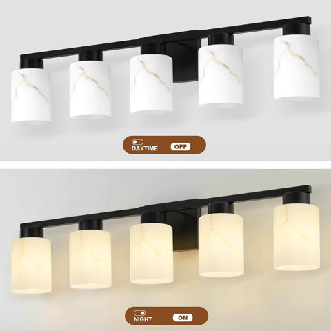 Five Light Modern Vanity Light Fixture In Black Metal With White Marble Glass E26 Base Sleek Minimalist Bathroom Vanity Wall Lamp