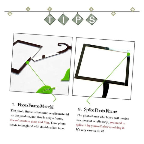Photo frame assembly tips for Acrylic 3D Tree Wall Sticker with Silver Leaves, highlighting material and splicing process.