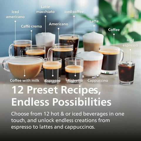 Lock In That Killer Morning Vibe With This Fully Automatic Espresso Machine Brewing Twelve Hot And Iced Favorites: 12 beverage options displayed.