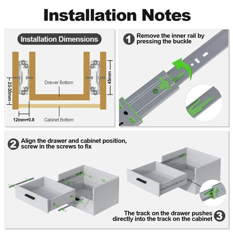 Installation notes for 22 Inch Heavy Duty Soft Close Drawer Slides With Full Extension Ball Bearing Side Mount Rails
