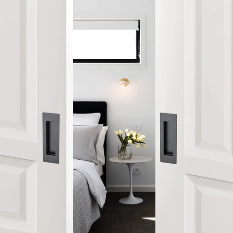 4 Pack Black Sliding Closet Door Pulls Flush Recessed Finger Pulls 4.72 Inch Length Square Cabinet Pulls on white sliding doors