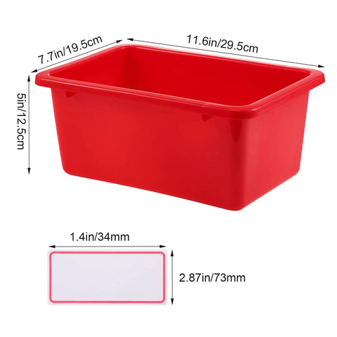 84 Pack Plastic Cubby Bins For Classroom Storage Rainbow Organizer With Label Stickers showing red plastic sorting container dimensions.