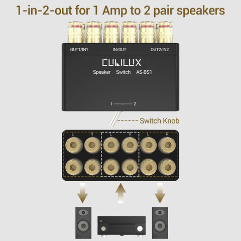 Diagram of 2-Way Speaker Selector Switch Box for A B Amplifier Setup with Banana Plugs, showing 1-in-2-out configuration