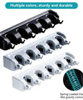 Heavy Duty Broom Holder Wall Mount Organizer 2 Pack With 5 Adjustable Slots And 6 Foldable Hooks, black and gray options.