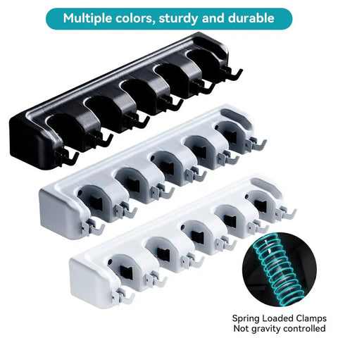Heavy Duty Broom Holder Wall Mount Organizer 2 Pack With 5 Adjustable Slots And 6 Foldable Hooks, black and gray options.