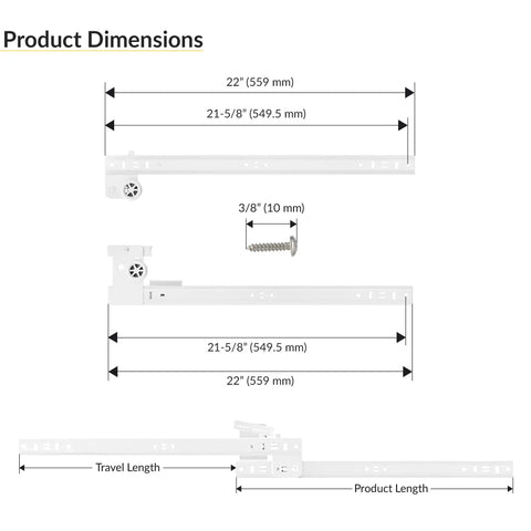 Heavy Duty Ball Bearing Side Mount Drawer Slides With White Finish, shown in 22 inch length, dimensions and screws displayed