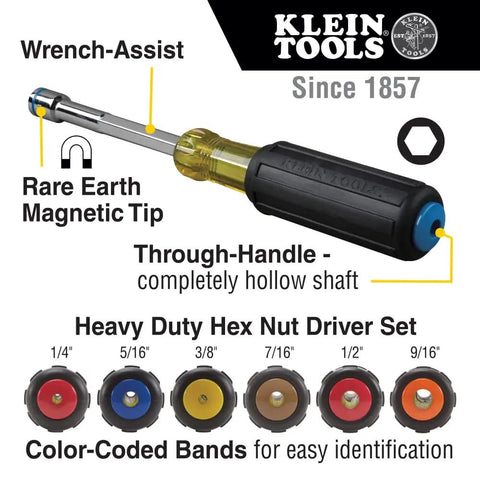 Heavy Duty Magnetic Nut Driver Set With Through Handle And Hollow Shafts Color Coded For Quick Size ID display with features labeled.