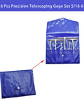 Six-piece steel precision telescoping gage set (5/16–6 in) with blue roll-up pouch.