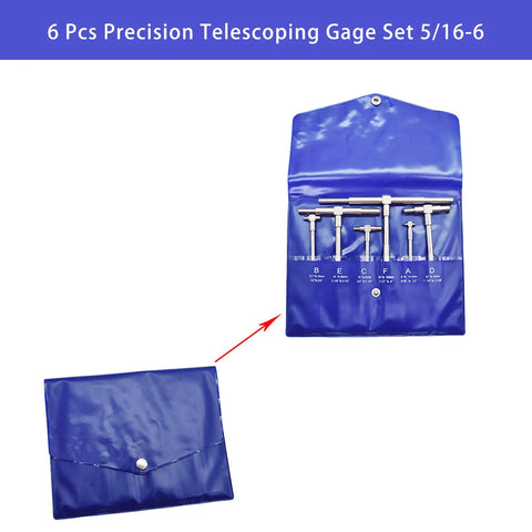 Six-piece steel precision telescoping gage set (5/16–6 in) with blue roll-up pouch.
