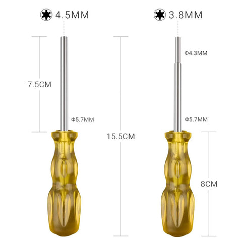 Hardened Steel Screwdriver Set With Quick Release Bit Holder, 3.8mm And 4.5mm Bits, shown with measurements in centimeters