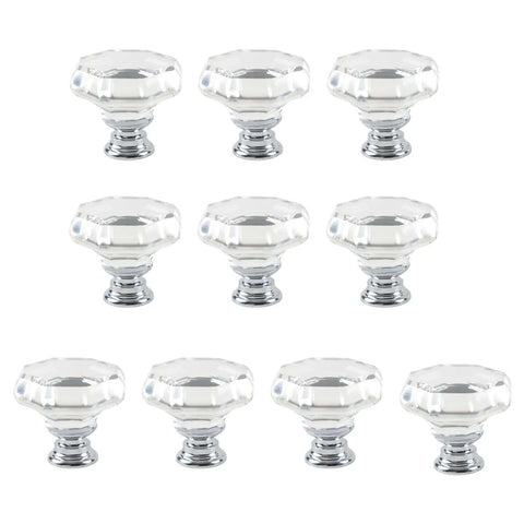 Crystal Glass Cabinet Knobs 10 Pack With Chrome Base White Finish Drawer Pulls in rows