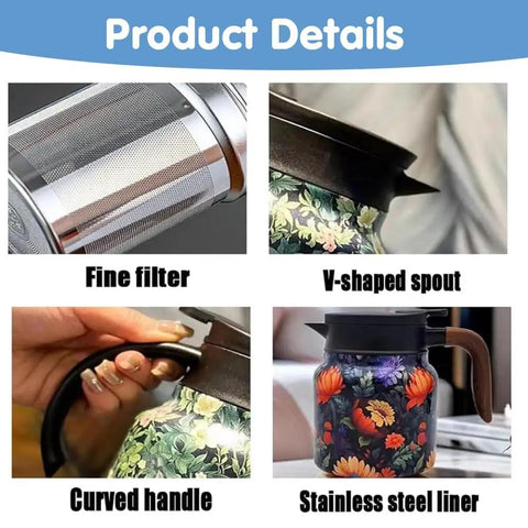 One-Handed Vintage Floral Teapot With Built-In Infuser And Insulated Carafe, brown curved handle, fine filter, V-shaped spout.