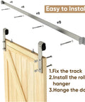6 Ft Brushed Nickel Sliding Barn Door Hardware Kit With Smooth Quiet Hanger Rollers, installation process shown with wooden door