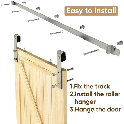 6 Ft Brushed Nickel Sliding Barn Door Hardware Kit With Smooth Quiet Hanger Rollers, installation process shown with wooden door