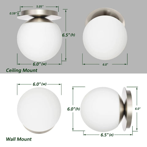 Modern Globe Wall Sconce 1 Light In Brushed Nickel, Diffused Opal Glass Shade, dimensions for ceiling and wall mount