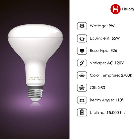 BR30 LED Flood Light Bulb 9W 65W Equivalent 5000K Daylight E26 Pack of 6 with specifications