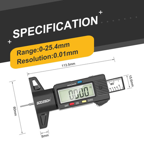 Digital Tire Tread Depth Gauge With Large LCD Display, Inch And MM Readings, 0-25.4mm 1 Inch Range, 0.01mm Accuracy