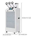 Heavy Duty Portable Air Conditioner With Three Slick Adjustable Nozzles For Workshops And Warehouses Featuring No Sweat Digital Remote Quick Chill Compressor Temp Fan Speed And Timer, 55.6 inches tall, white unit with digital control.