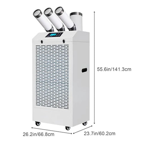 Heavy Duty Portable Air Conditioner With Three Slick Adjustable Nozzles For Workshops And Warehouses Featuring No Sweat Digital Remote Quick Chill Compressor Temp Fan Speed And Timer, 55.6 inches tall, white unit with digital control.