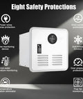 Tankless Gas Water Heater 65000 Btu 2.8 Gpm Instant Hot Water For Rv Camper Van Trailer Camping Life showing eight safety protections.