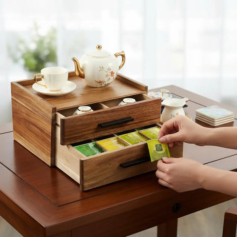 Wood Tea Bag Organizer With Gift Box Double Drawer Tea Box For Tea Accessories Storage On Countertop Or Office Desk Tea Station