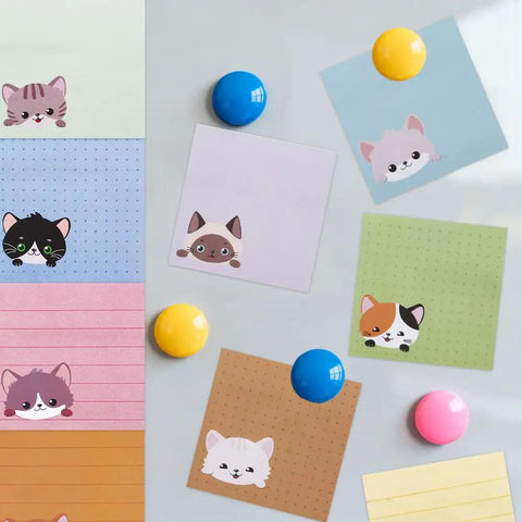 Colorful Cat Themed Sticky Notes 9 Pack 450 Sheets Lined Post It Notes Self Adhering Memo Pads with cute cat designs on a desk