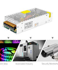 Beefy AC To DC 5V 20A Switching Power Supply Adapter Converter 100W Max 110V-240V Input Adjustable 4.5V To 5.5V Output shown with LED, industry, and security use cases.
