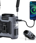 Waist Clip On Personal Fan With 10000mAh Battery, Hands Free Belt Cooler On The Go, USB Type C Power Bank, Built In Flashlight, 5 Speed Settings, Neck Mount, Portable Outdoor Camping Travel Cooling Fan Grey charging a phone