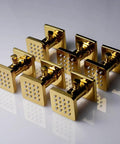 Six Piece Adjustable Massage Body Shower Jets In Wall Shower System With Independent Flow Control, Polished Gold, angled view