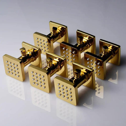 Six Piece Adjustable Massage Body Shower Jets In Wall Shower System With Independent Flow Control, Polished Gold, angled view