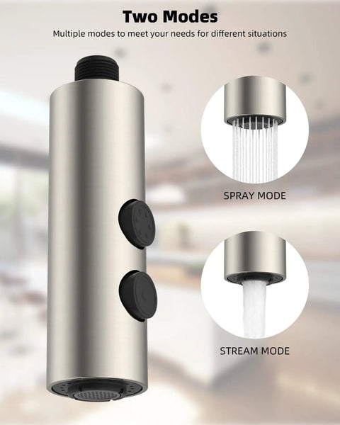 Heavy Duty Stainless Steel Kitchen Faucet Head Replacement Built For No Sweat Upgrades showing dual flow modes.