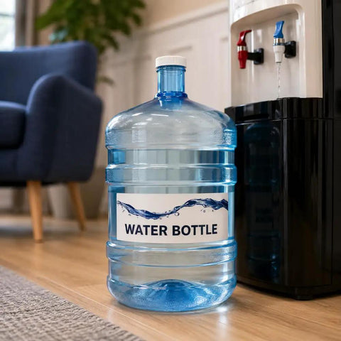5 Gallon BPA Free Water Bottle Reusable Jug With Large Capacity Polycarbonate Container next to water dispenser in office setting