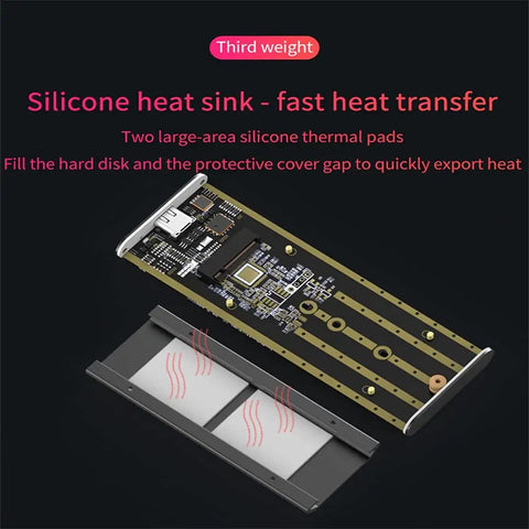 Silicone heat sink inside Totally Portable M2 Nvme Ssd Enclosure With Usb Type C External Case showcasing thermal pads.
