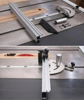 Rock Solid Aluminum Miter Gauge With Sleek Track Stop And Wide Adjustable Fence For Table Saws And Router Tables on a table saw.