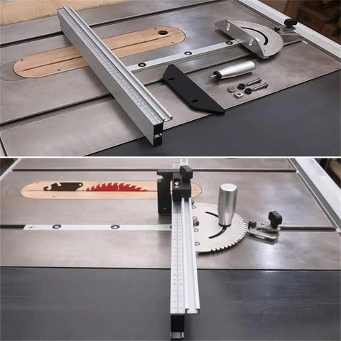 Rock Solid Aluminum Miter Gauge With Sleek Track Stop And Wide Adjustable Fence For Table Saws And Router Tables on a table saw.