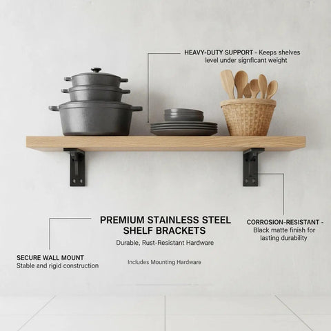 Beefy Shelf Brackets For Wall Mounts, Triangular L-Brackets supporting kitchen shelf with cookware and utensils