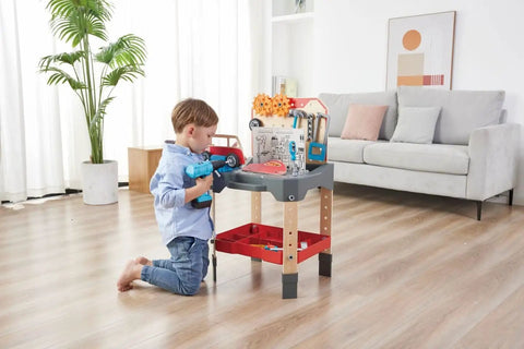 Child using Vehicle Service And Repair Workbench Play Set With Realistic Tools For Young Builders Includes Drill Hammer Saw