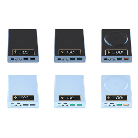 Top Shelf Digital Display 18650 Battery Holder Box With Fast Charge Circuitry in black and white colors, showcasing multiple charging ports.