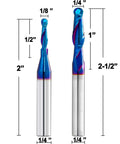 Two Piece Ball Nose End Mill Set For CNC Router Bits, Carbide With Nano Blue Coating, 1/4 Inch Shank, 1/8 Inch Cut, 2 Inch OAL
